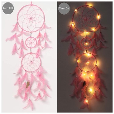 Dream Catcher with Lights, Wall Hangings, Crafts, Home Décor,
Handmade for Bedroom, Balcony, Garden, Party, Café, Decoration,
Wedding, Decorative, Pink Feathers (17 cm Diameter)