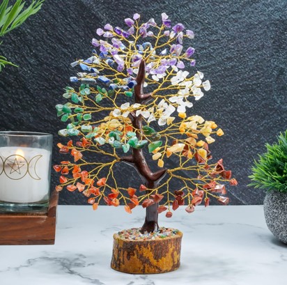 Crystals Gemstones, Seven Chakra Crystal Tree Good Luck Show Pieces for Home Decor Items Decoration Bonsai Money Tree Plant Marriage Gift, Size 10-12 inches, Multicolor Golden Wire