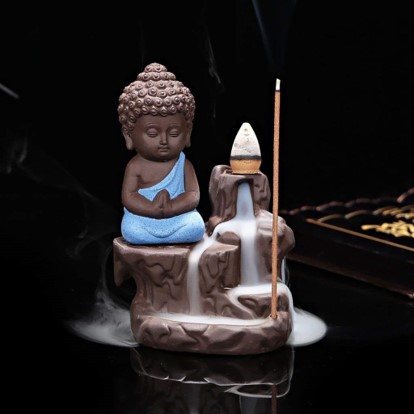 GENERIC Meditating Monk Buddha Smoke Backflow Cone Incense Decorative Showpiece with 10 Smoke Backflow Cone Incenses (Blue)
